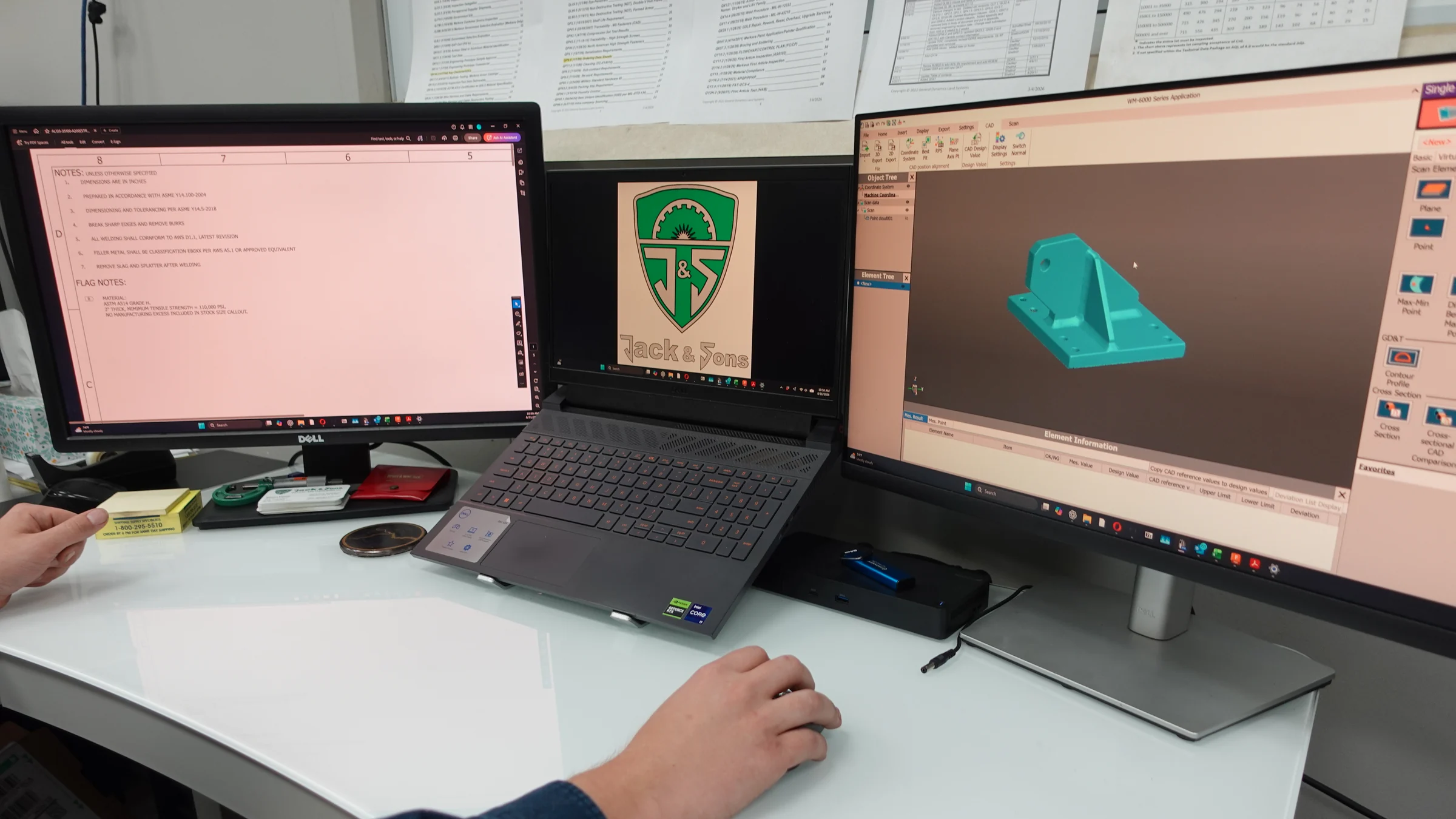 WM-6000 software displaying a scanned component beside its engineering drawing
